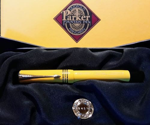 Yellow Parker fountain pen in presentation box.