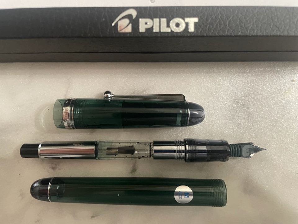 Pilot fountain pen disassembled on white surface.